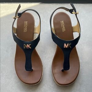 MICHAEL Michael Kors Black and Brown Thong Sandals with Gold MK Accent